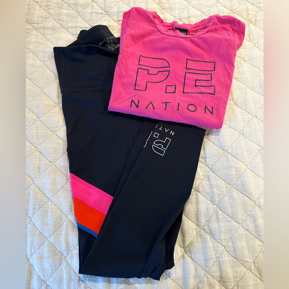 P.E Nation Pink T-Shirt and Black Leggings Set